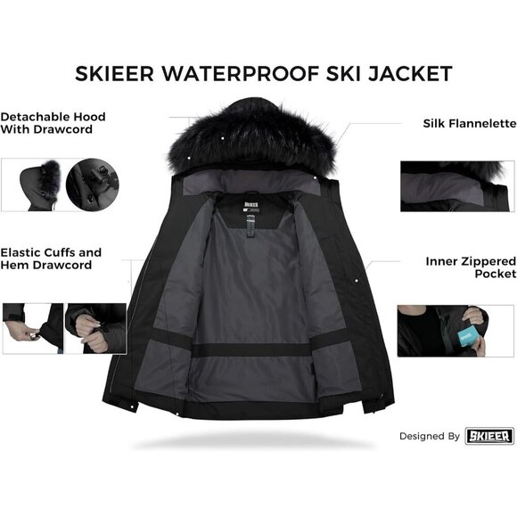 Women's Puffer Ski Hooded Jacket Black Faux Fur Winter Warm Waterproof Coat - Picture 3 of 6